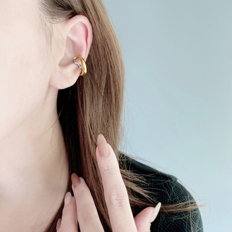 バイカラーステンレスクロスフープイヤーカフ 片耳用 イヤリング | FACION | 詳細画像9 