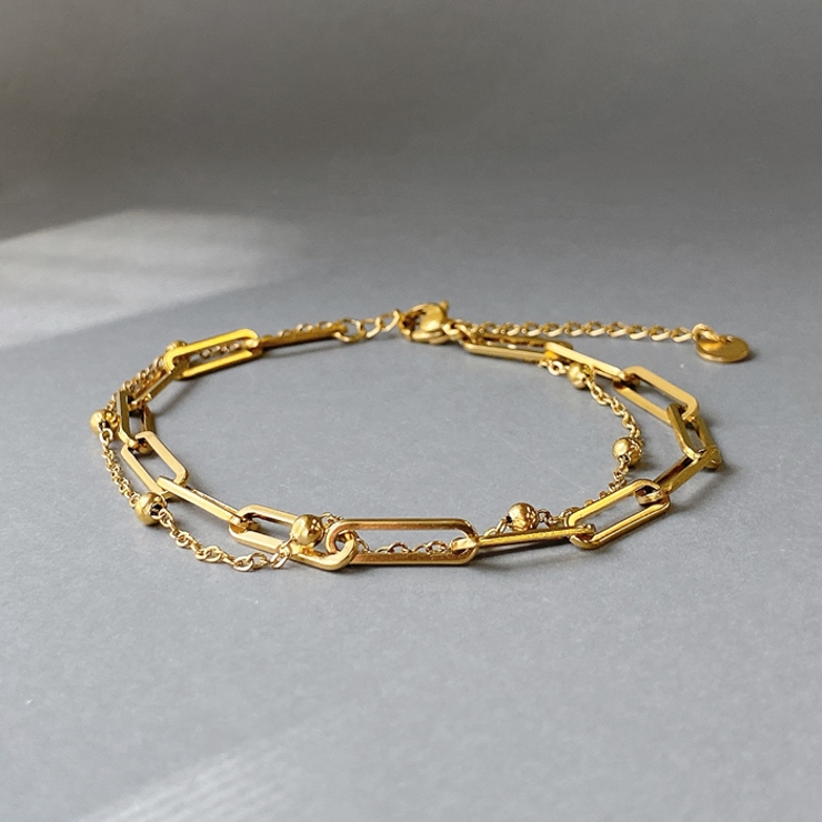ゴールド | 2連デザインチェーンステンレスブレスレット つけっぱなし アレルギー対応 | FACION