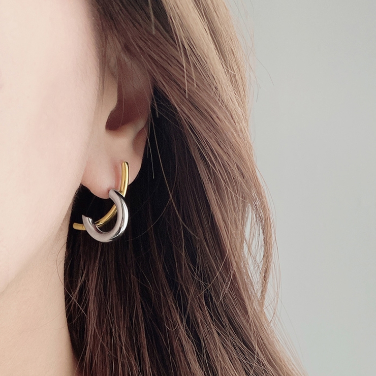 バイカラーカーブデザインステンレスフープピアス アレルギー対応 つけっぱなし | FACION | 詳細画像7 