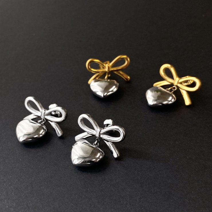 リボン＆ハートステンレスピアス アレルギー対応 つけっぱなし | FACION | 詳細画像1 