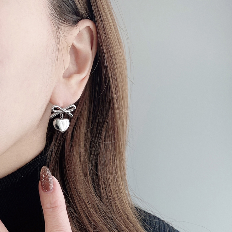 リボン＆ハートステンレスピアス アレルギー対応 つけっぱなし | FACION | 詳細画像5 