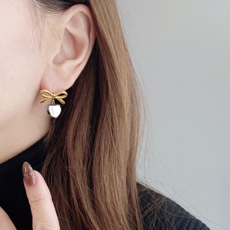 リボン＆ハートステンレスピアス アレルギー対応 つけっぱなし | FACION | 詳細画像6 
