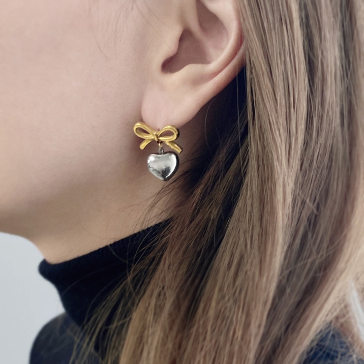 リボン＆ハートステンレスピアス アレルギー対応 つけっぱなし | FACION | 詳細画像8 