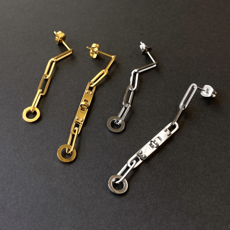 アシンメトリステンレスデザインチェーンピアス 金属アレルギー アレルギー対応 | FACION | 詳細画像1 