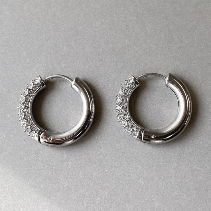 シルバー | パヴェジルコニアステンレスワンタッチフープピアス 両耳用 アレルギー対応 | FACION
