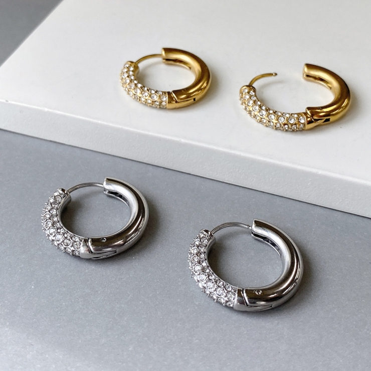 パヴェジルコニアステンレスワンタッチフープピアス 両耳用 アレルギー対応 | FACION | 詳細画像2 