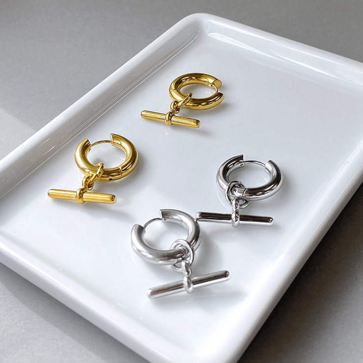 T字チャームワンタッチフープステンレスピアス アレルギー対応 つけっぱなし | FACION | 詳細画像2 