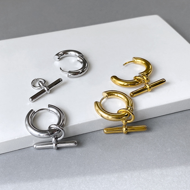 T字チャームワンタッチフープステンレスピアス アレルギー対応 つけっぱなし | FACION | 詳細画像3 