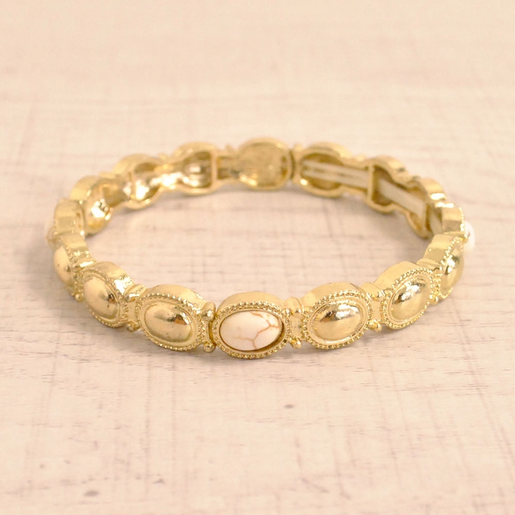 ホワイト | オーバルメタルストーンブレスレット バングル エスニック | FACION