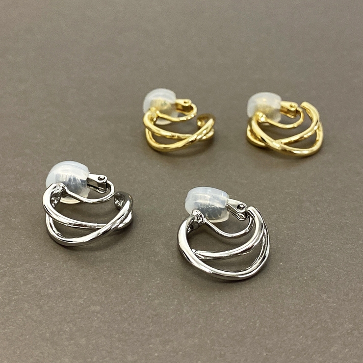 2連クロスメタルフープイヤリング ノンホールピアスレディースシルバーゴールド | FACION | 詳細画像2