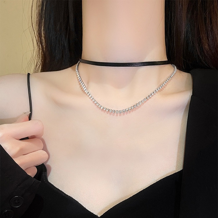 シルバー | フェイクレザー×ストーン 2連ネックレス 10364 | G&L Style