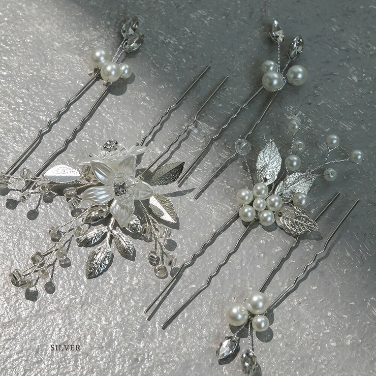 シルバー(5pcs SET) | エレガントフラワーUピン5点セット ヘアアクセサリー ヘアアクセ | epicday