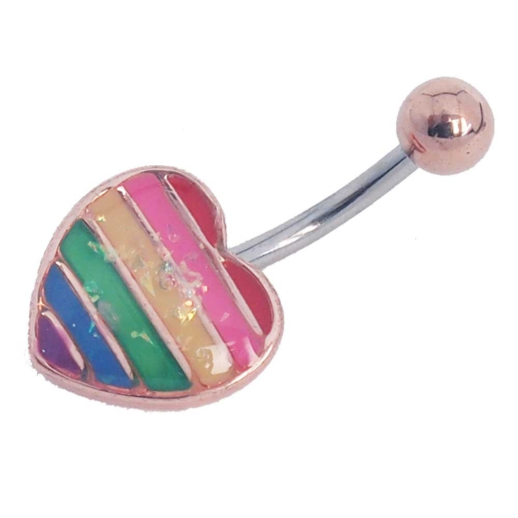 ピンクゴールド | レインボーオパール グリッターハート バナナバーベル 14G | ピアス専門店HOMESLICEPRODUCTIONS