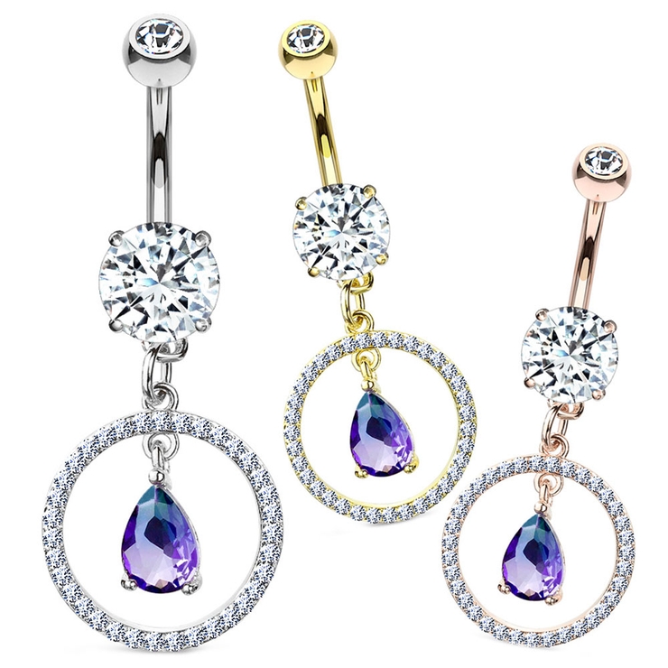 ヘソピアス CZパヴェ サークルウィズティアドロップ バナナバーベル 14G | ピアス専門店HOMESLICEPRODUCTIONS | 詳細画像1 