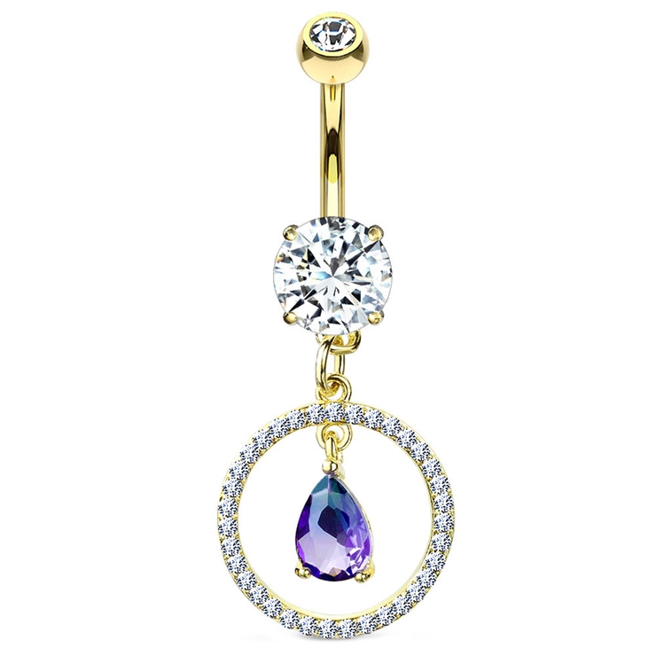 ゴールド | ヘソピアス CZパヴェ サークルウィズティアドロップ バナナバーベル 14G | ピアス専門店HOMESLICEPRODUCTIONS