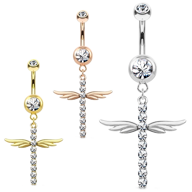 ヘソピアス CZパヴェ クロスウィングダングル バナナバーベル 14G | ピアス専門店HOMESLICEPRODUCTIONS | 詳細画像1 