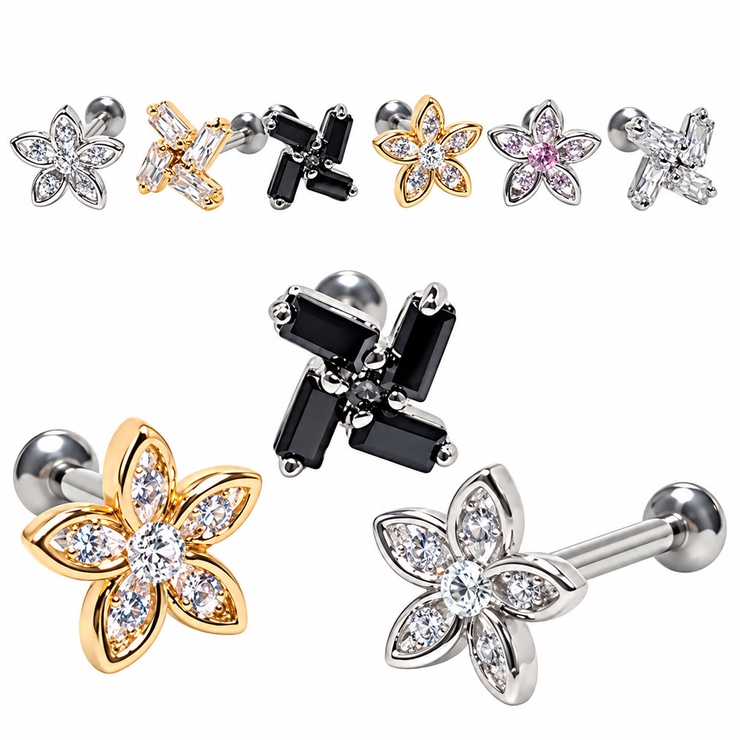 ボディピアス 16G フラワーCZ＆4プリンセスCZ | ピアス専門店HOMESLICEPRODUCTIONS | 詳細画像1 