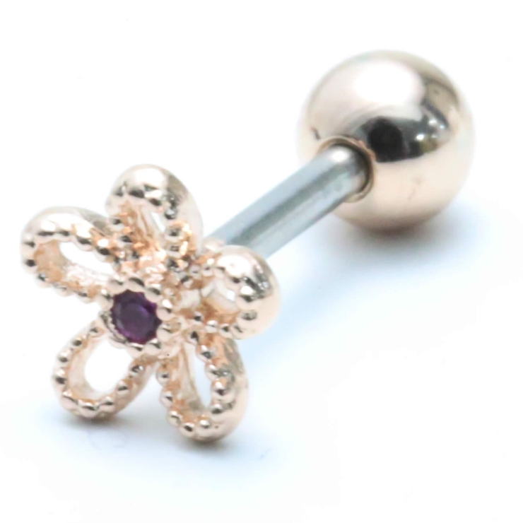 ピンクゴールド | センター1ジュエル くりぬきフラワーフレームストレートバーベル16G | ピアス専門店HOMESLICEPRODUCTIONS