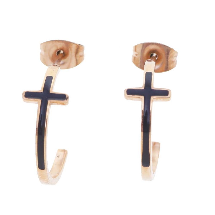 ブラック | ハーフサークル クロス ステンレスピアス （1ペア） | ピアス専門店HOMESLICEPRODUCTIONS