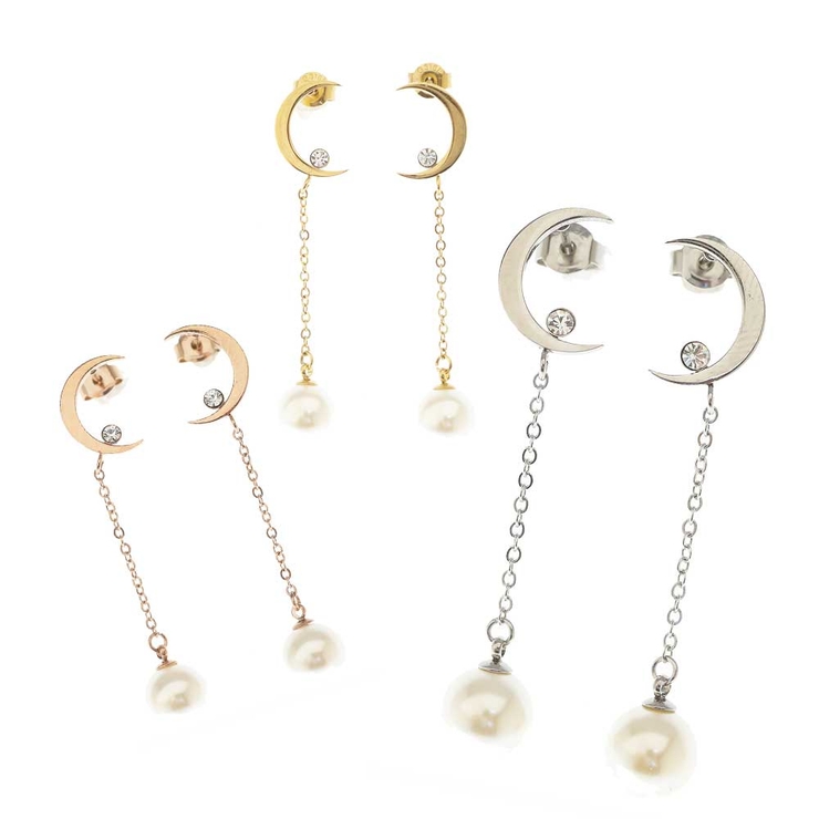 ムーン＆イミテーションパール ロングチェーン ステンレスピアス | ピアス専門店HOMESLICEPRODUCTIONS | 詳細画像2 