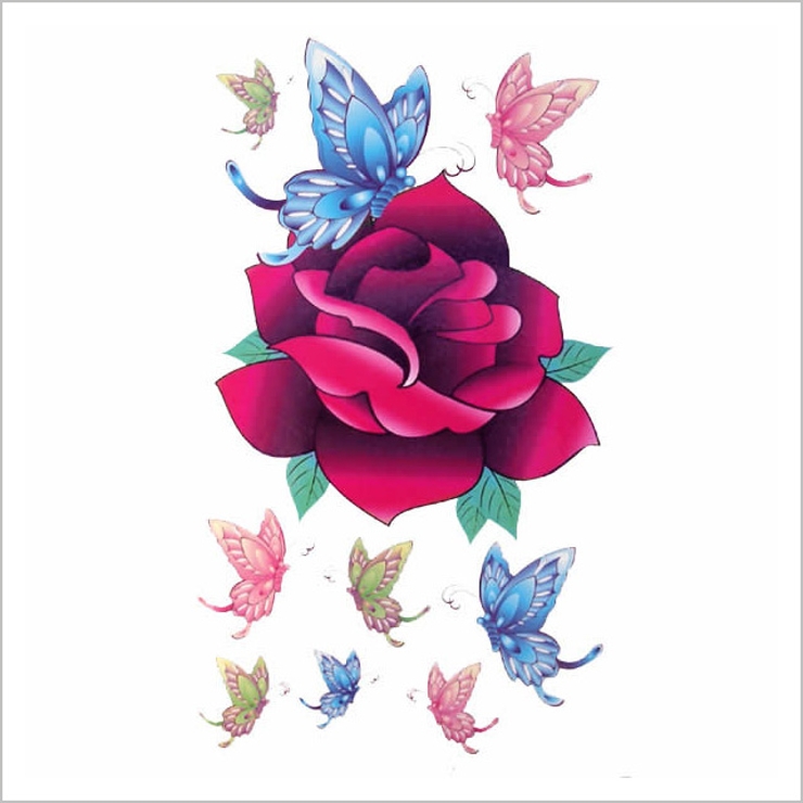 タトゥーシールピンクローズ＆バタフライ 蝶々バラ薔薇ばら[品番