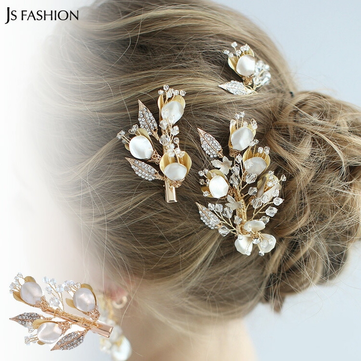 フラワーモチーフヘアアクセサリー ゴールド 結婚式[品番