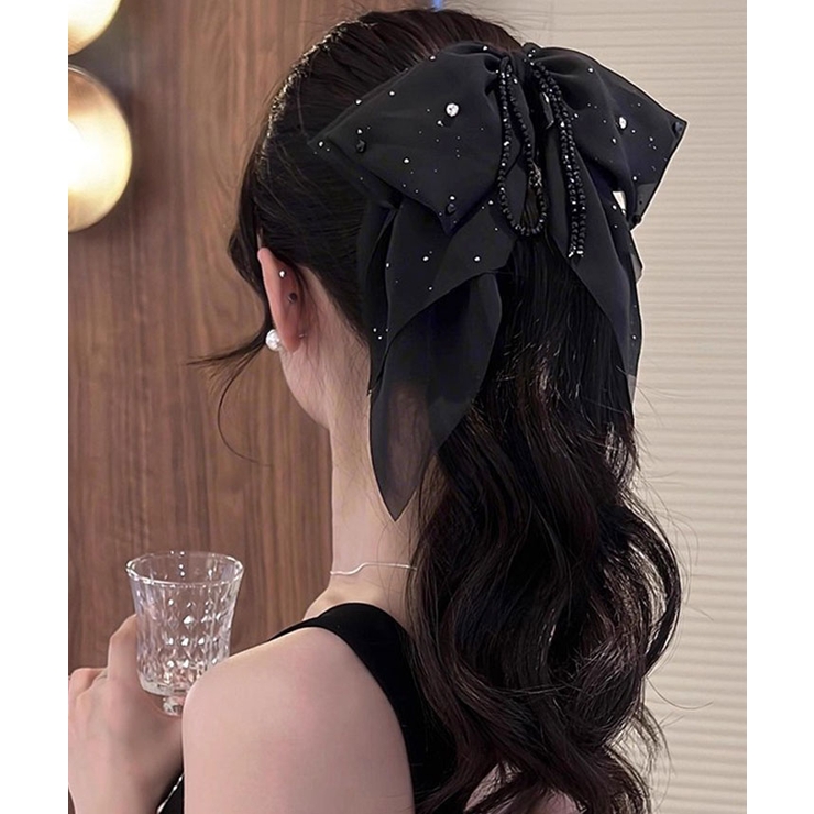 ブラック | シフォンリボンバンスクリップ ヘアクリップ バンスクリップ | kirakiraShop 