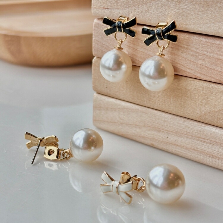 リボンパールピアス 韓国アクセサリー | lattencos | 詳細画像1 