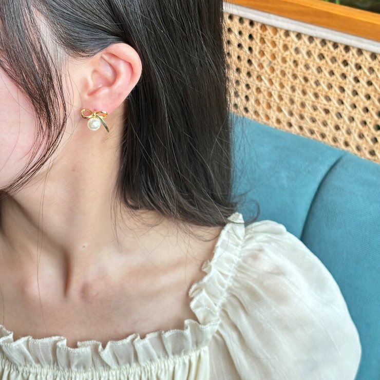 パールリボンイヤリング 韓国アクセサリー | lattencos | 詳細画像4 