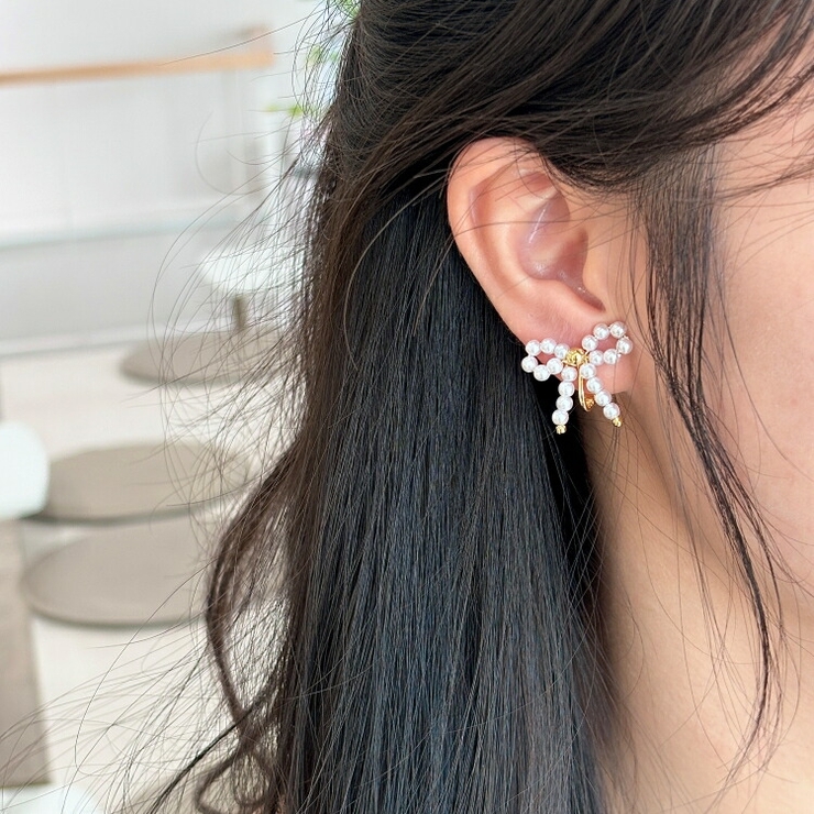 パールリボンイヤリング 韓国アクセサリー | lattencos | 詳細画像6 