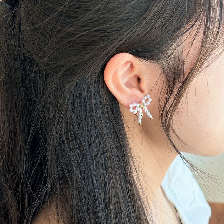 パールリボンイヤリング 韓国アクセサリー | lattencos | 詳細画像8 