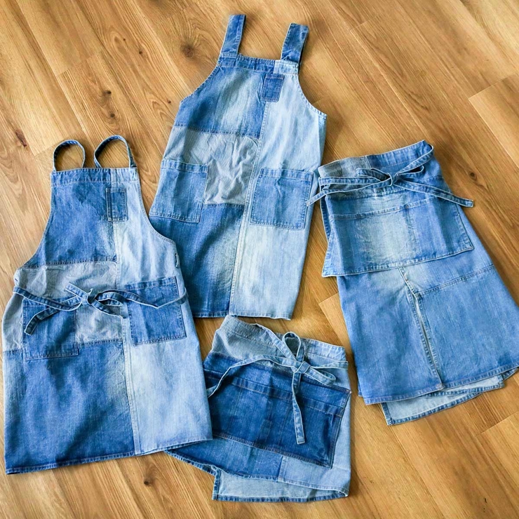 エプロン パッチワークデニムクロスエプロン ポケット付き[品番