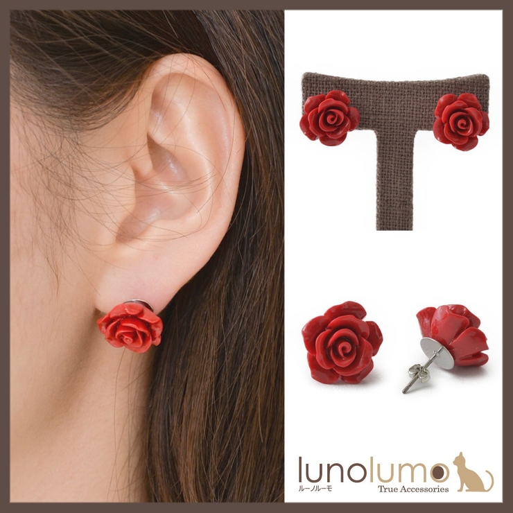 クラシカルレッド ちいさめ薔薇モチーフのピアス 日本製 R | lunolumo | 詳細画像1 