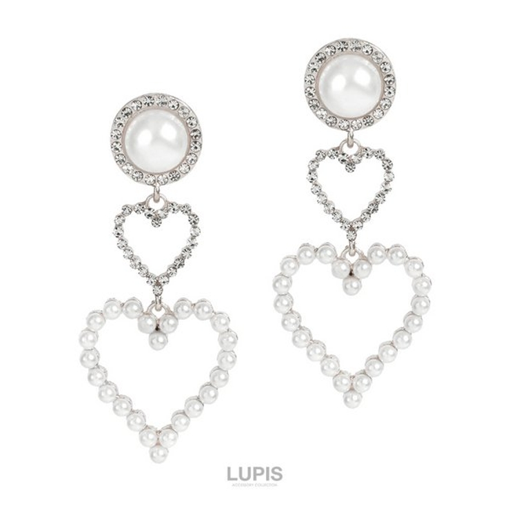 シルバー | パール×2連ハートピアス  | LUPIS