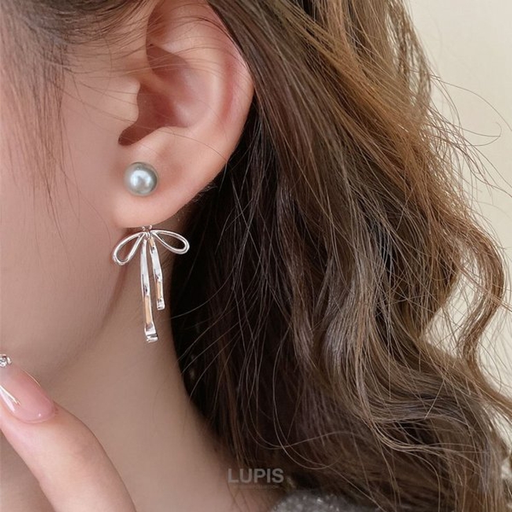 グレーパール×リボンバックキャッチピアス【S925ポスト 2way】 | LUPIS | 詳細画像5 