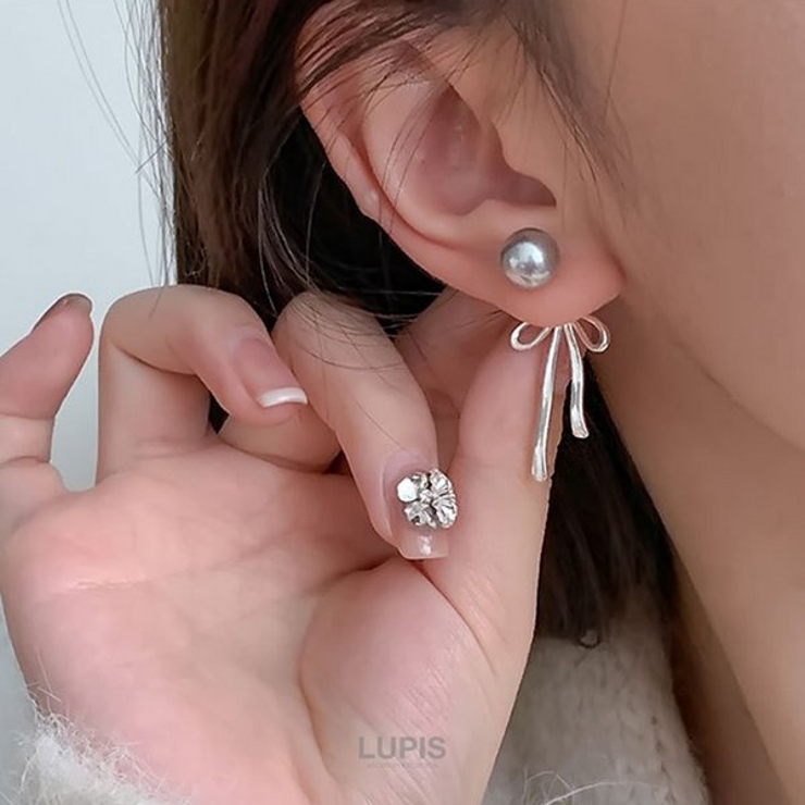 グレーパール×リボンバックキャッチピアス【S925ポスト 2way