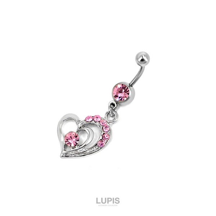 ピンク | 【14G】2連オープンハート＆ジュエルバナナバーベルボディピアス へそピアス | LUPIS