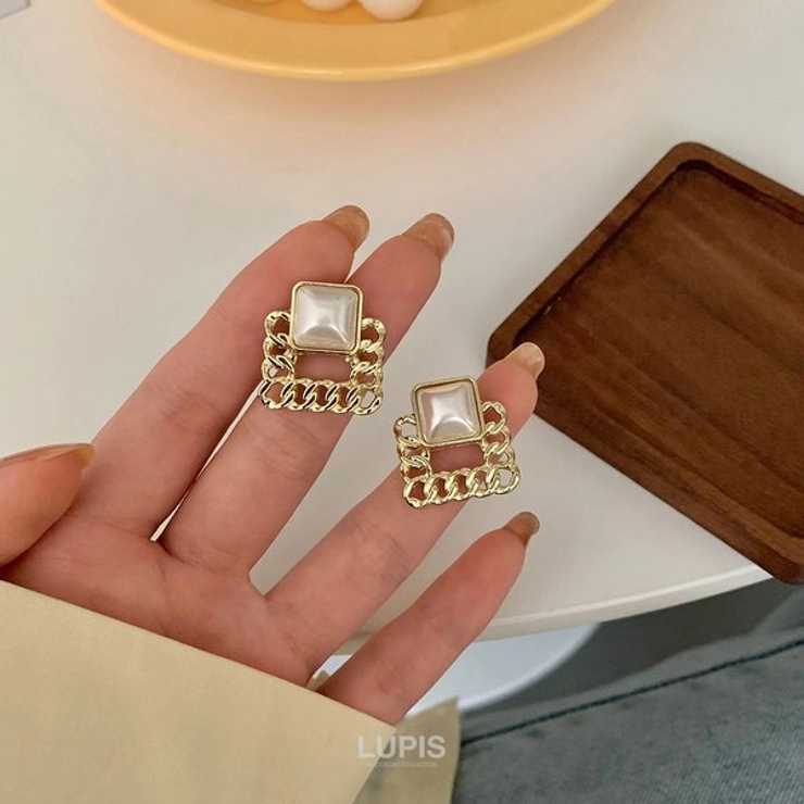 【S925ポスト】パール×チェーンスクエアピアス | LUPIS | 詳細画像5 