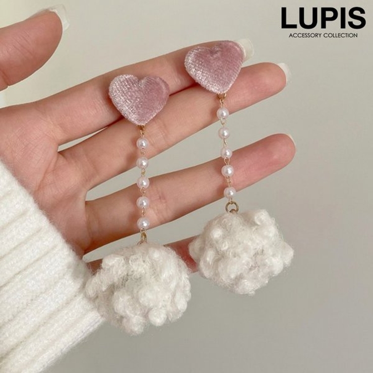 ハート×ポンポンパールチェーンイヤリング | LUPIS | 詳細画像1 