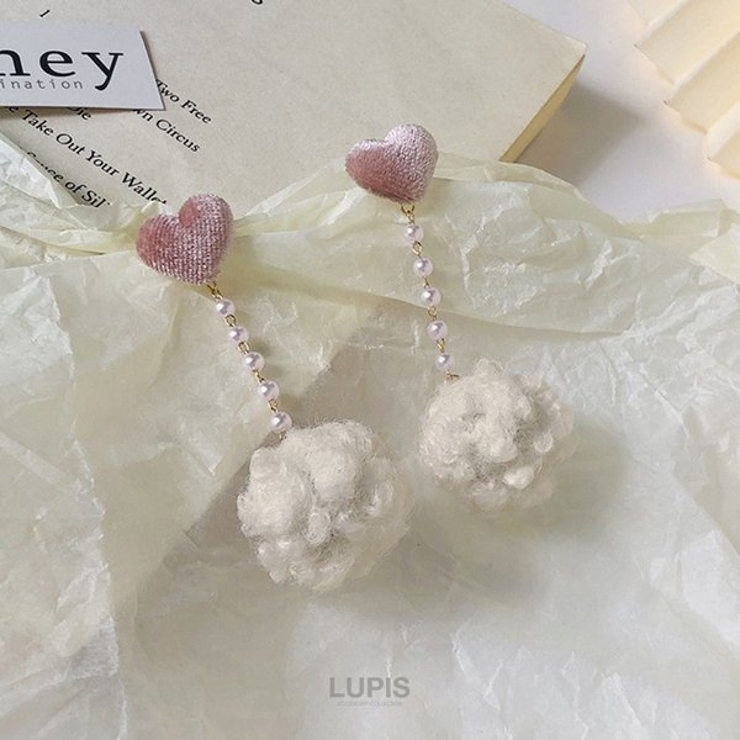 ハート×ポンポンパールチェーンイヤリング | LUPIS | 詳細画像2 