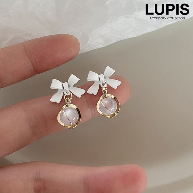 【S925ポスト】リボン×ドロップストーンピアス | LUPIS | 詳細画像1 
