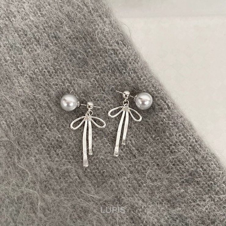 【S925ポスト】グレーパール×リボンバックキャッチピアス | LUPIS | 詳細画像4 