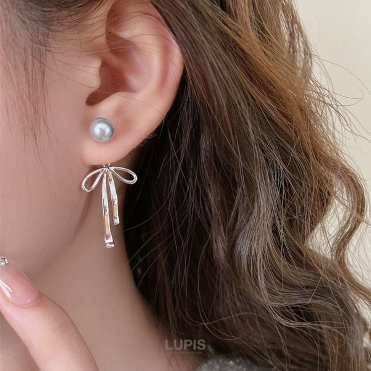 【S925ポスト】グレーパール×リボンバックキャッチピアス | LUPIS | 詳細画像5 