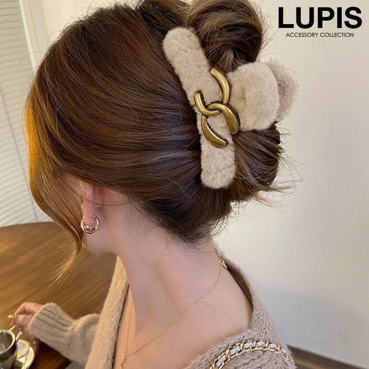 ブラウン | アンティーク調メタルチェーン×ファーバンスクリップ【ヘアアクセサリー】 | LUPIS
