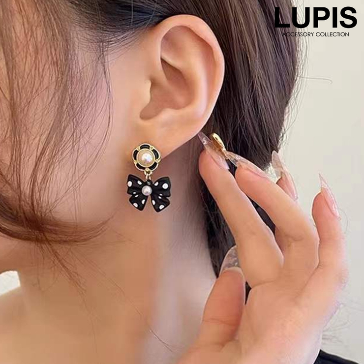 ブラック | ドット柄リボンピアス【S925ポスト】 | LUPIS