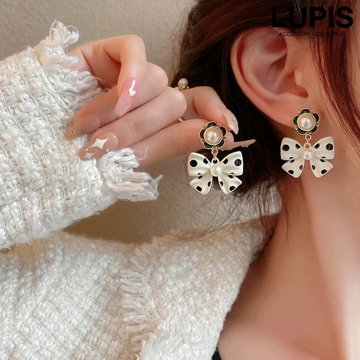 クリーム | ドット柄リボンピアス【S925ポスト】 | LUPIS