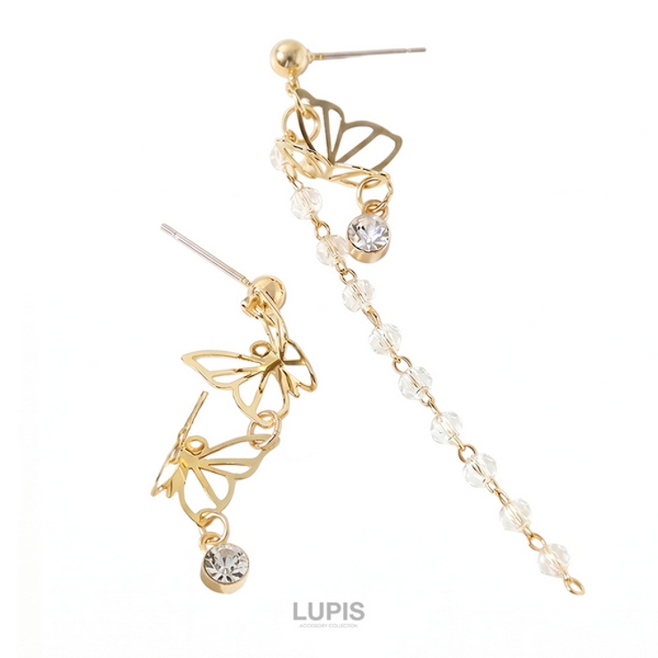 バタフライ×クリアビーズアシンメトリーピアス 【プチプライス 揺れる | LUPIS | 詳細画像5 