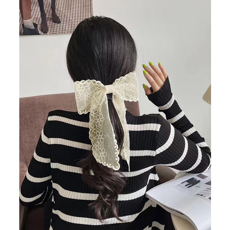 アイボリー | レースリボンバレッタ刺しゅうヘアクリップ | Miniministore