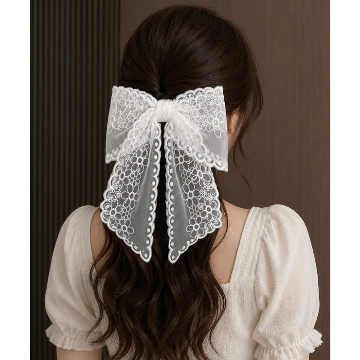 ホワイト | レースリボンバレッタ刺しゅうヘアクリップ | Miniministore