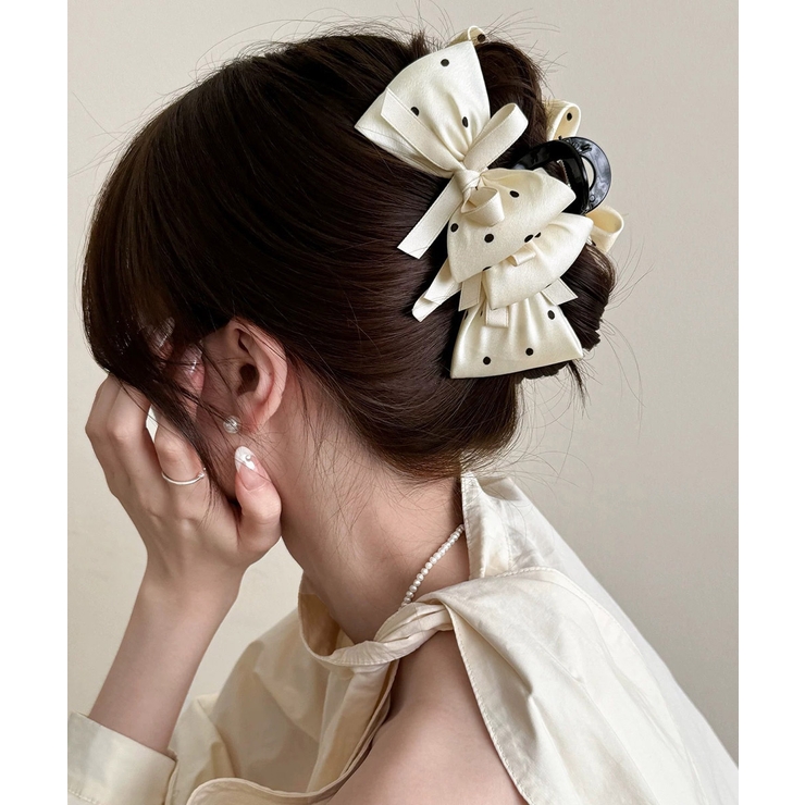 アイボリー | ヘアクリップドット柄リボンバンスクリップ | SUNSHINE CLOSET